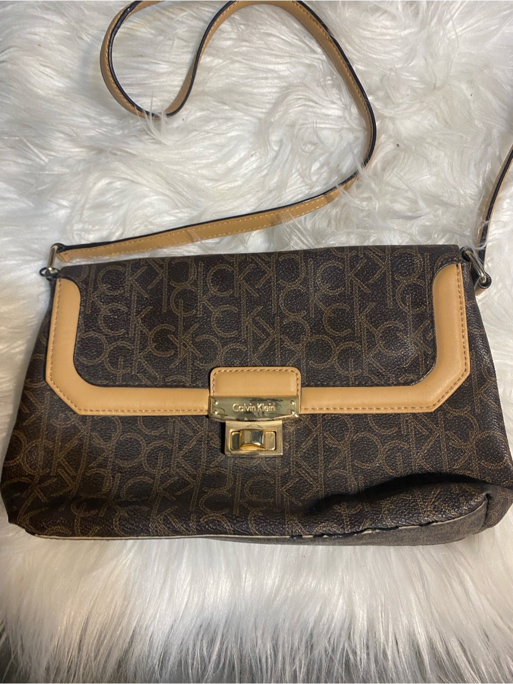 Calvin Klein Brown & Tan Logo Shoulder Bag with Gold Hardware